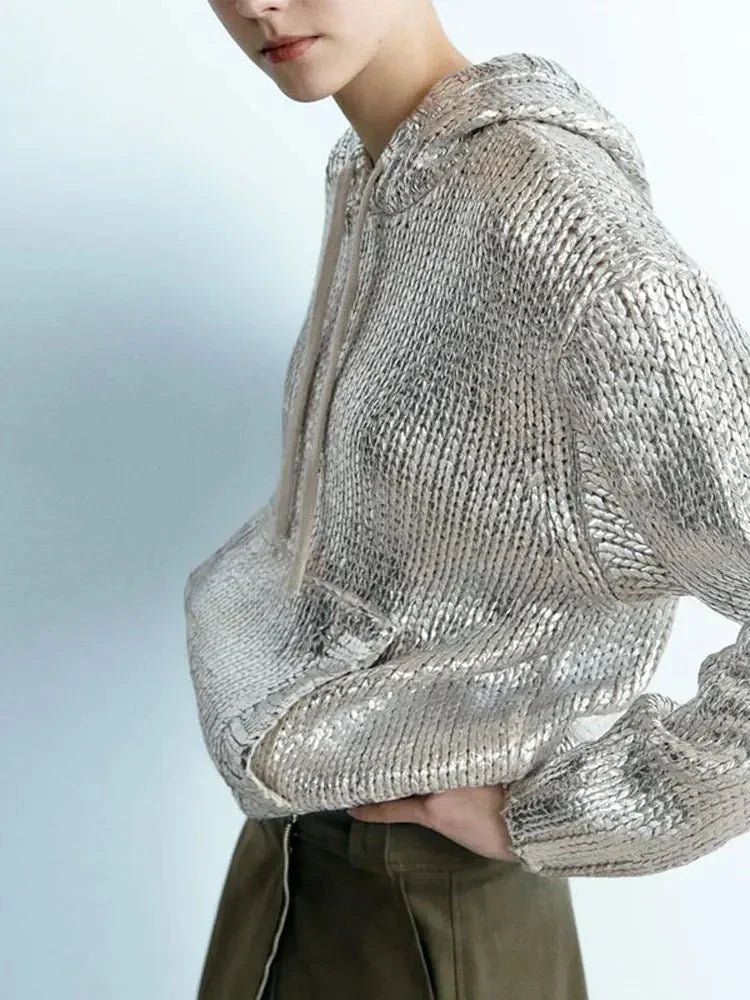 EB | Schicker Damen Kapuzenpullover mit Metallic Rippbesatz und Folie