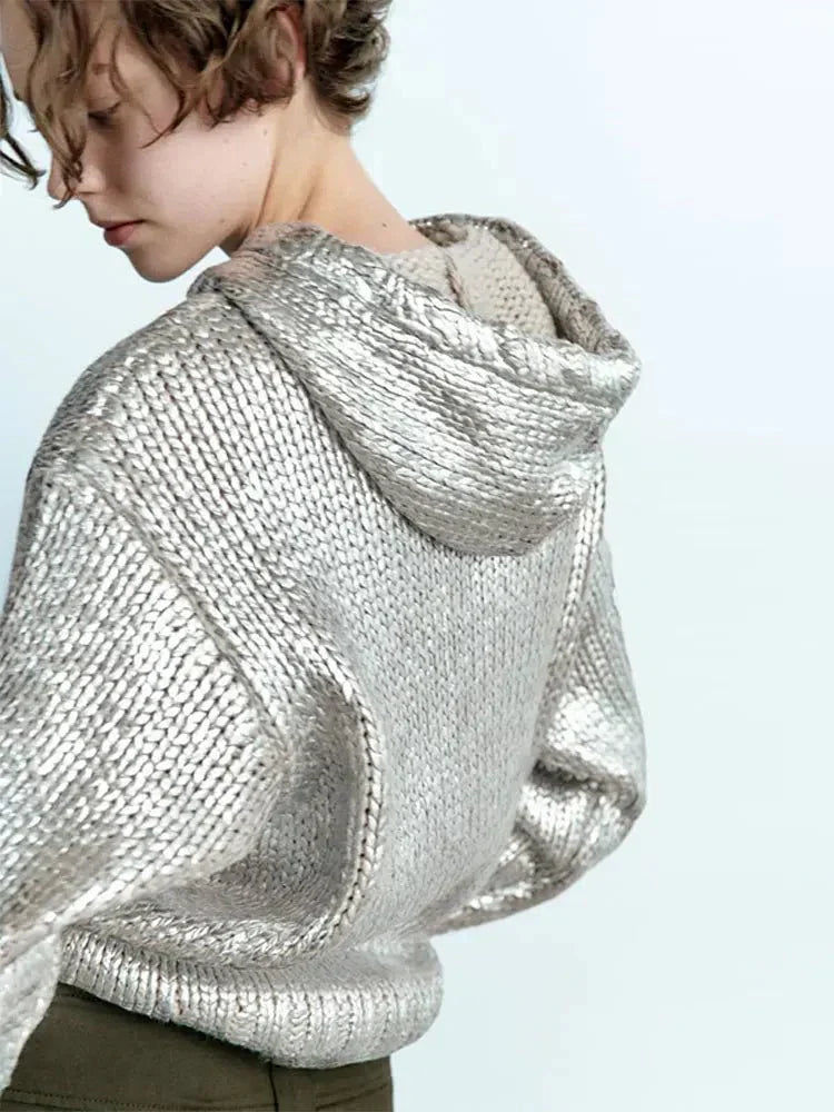 EB | Schicker Damen Kapuzenpullover mit Metallic Rippbesatz und Folie