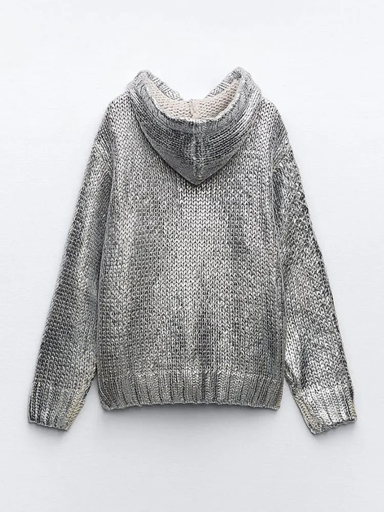 EB | Schicker Damen Kapuzenpullover mit Metallic Rippbesatz und Folie