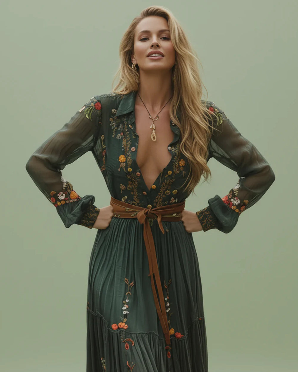 Boho Damen Maxikleid mit Niedrigem V-Ausschnitt und Langarm | EB