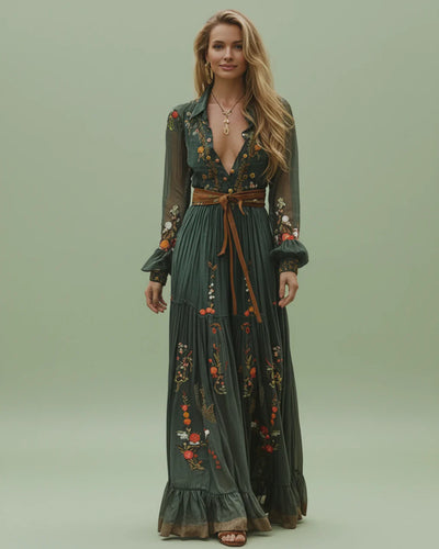 Boho Damen Maxikleid mit Niedrigem V-Ausschnitt und Langarm | EB