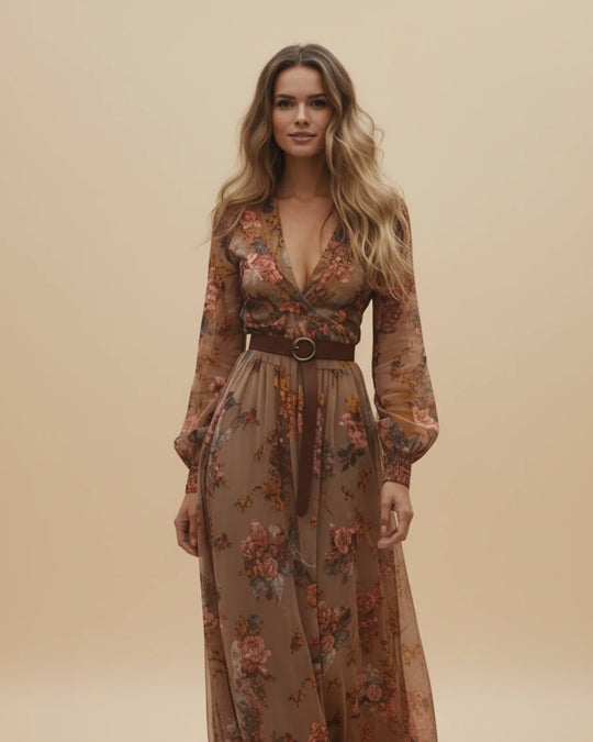 Boho Damen Maxikleid mit Niedrigem V-Ausschnitt und Langarm | EB