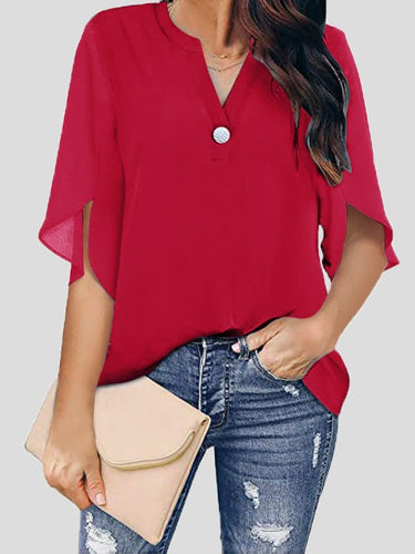 EB | Frauen Blusen Lässig V-Ausschnitt Kurzarm Chiffon Bluse