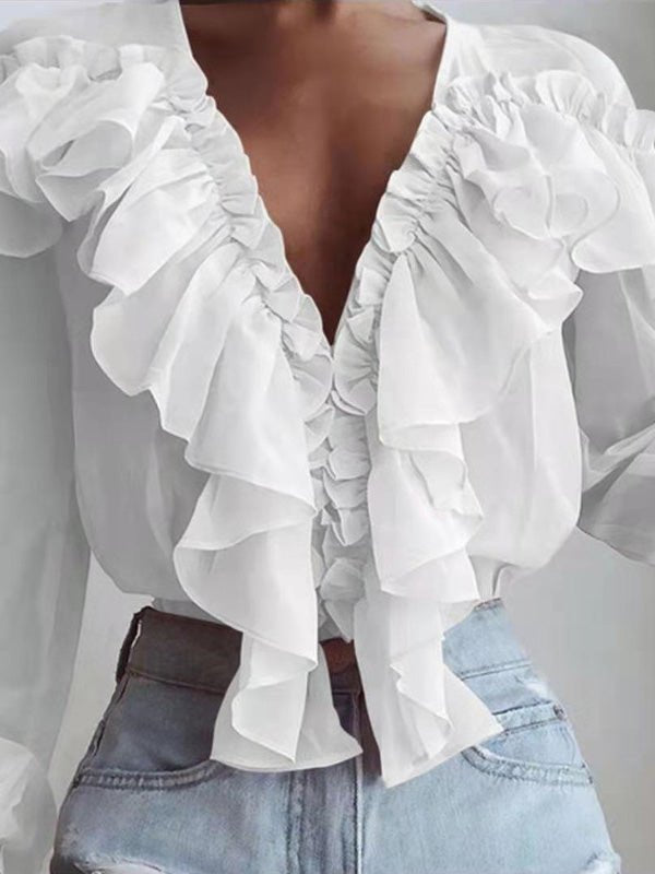 EB | Damenblusen Rüschenter V-Ausschnitt Chiffon Langärmlige Bluse