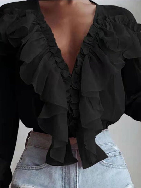 EB | Damenblusen Rüschenter V-Ausschnitt Chiffon Langärmlige Bluse
