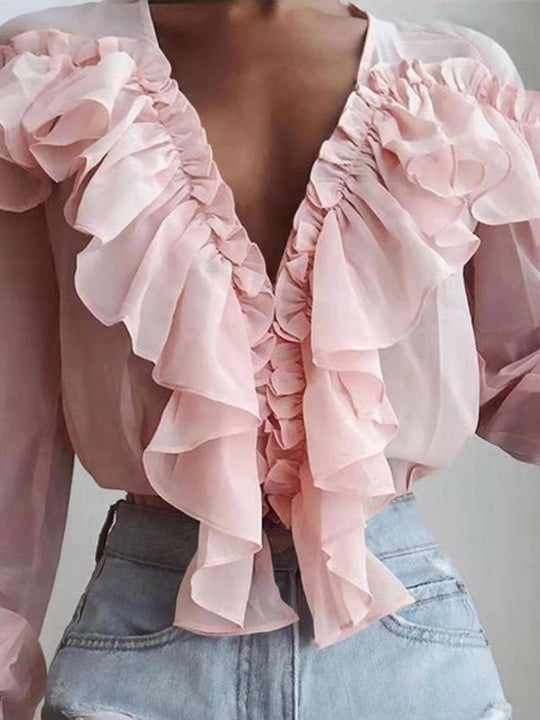 EB | Damenblusen Rüschenter V-Ausschnitt Chiffon Langärmlige Bluse