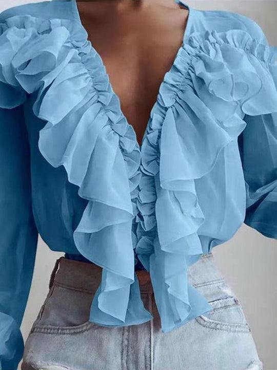 EB | Damenblusen Rüschenter V-Ausschnitt Chiffon Langärmlige Bluse
