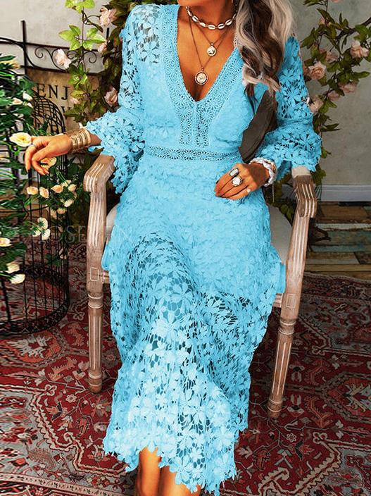 EB | Damen Kleider Hollow Lace V-Ausschnitt Langarm Kleid