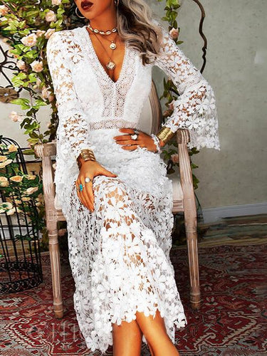 EB | Damen Kleider Hollow Lace V-Ausschnitt Langarm Kleid