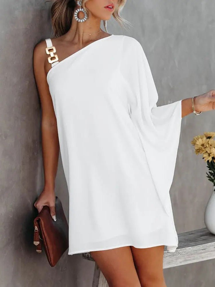 EB | Damenkleider Solid Metallträger Off-Shoulder Puppenärmel Kleid