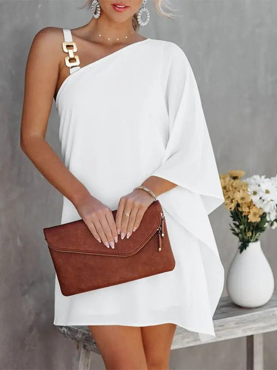 EB | Damenkleider Solid Metallträger Off-Shoulder Puppenärmel Kleid