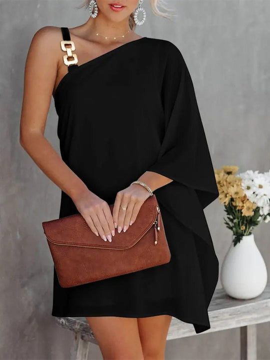 EB | Damenkleider Solid Metallträger Off-Shoulder Puppenärmel Kleid