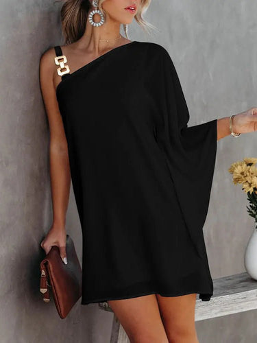 EB | Damenkleider Solid Metallträger Off-Shoulder Puppenärmel Kleid