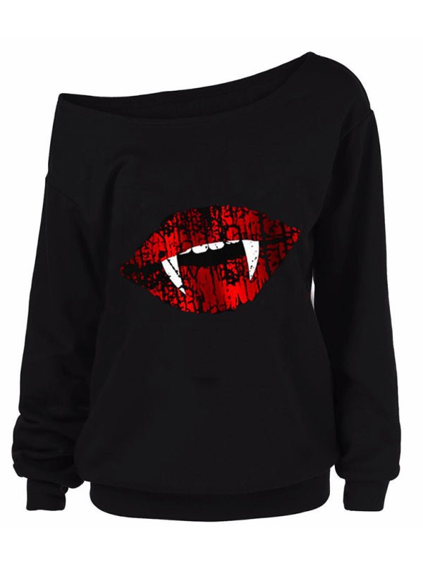 Heidi-Mode | Damen Halloween Druck Langarm Herbst schräger Schulter Oberteil T-Shirt