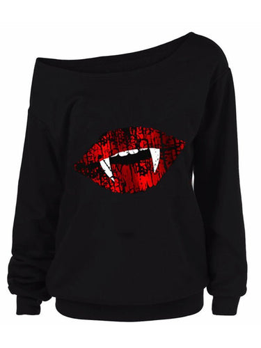 Heidi-Mode | Damen Halloween Druck Langarm Herbst schräger Schulter Oberteil T-Shirt