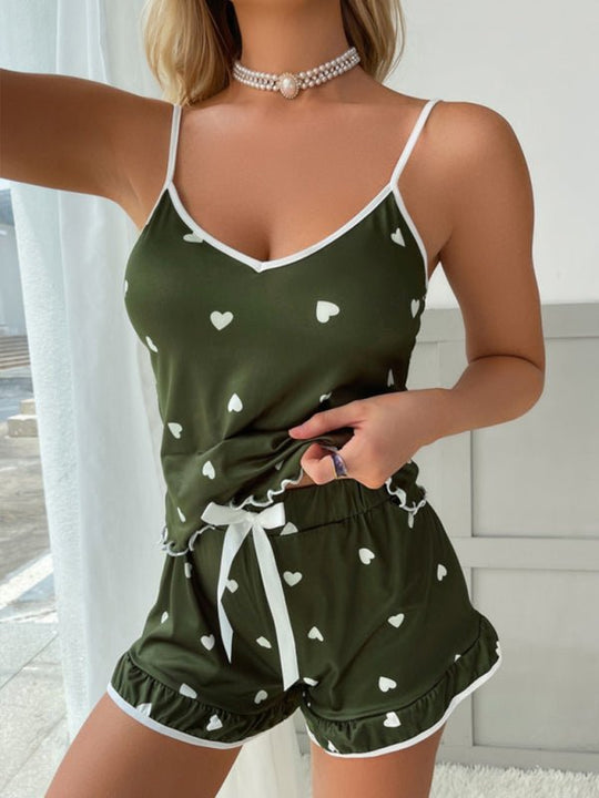 Heidi-Mode | Damen Herz Druck Spaghettiträger + Shorts Pyjama Zwei-Teiliges Set