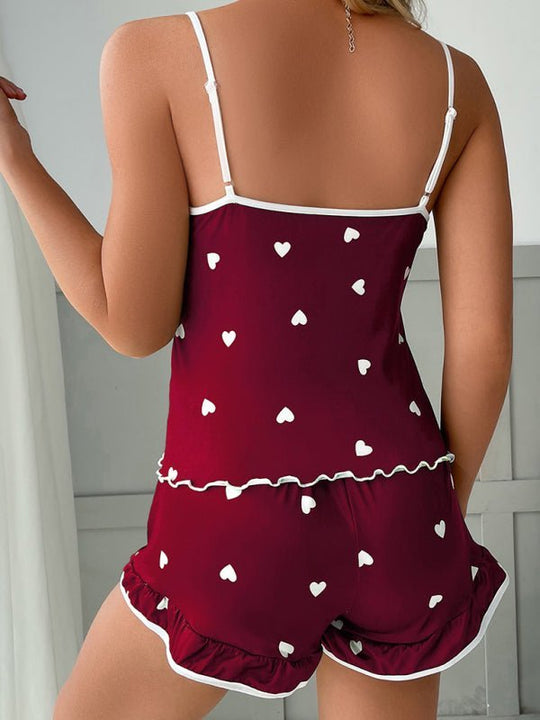 Heidi-Mode | Damen Herz Druck Spaghettiträger + Shorts Pyjama Zwei-Teiliges Set