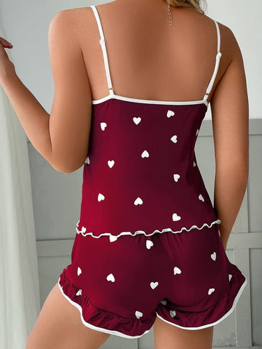 Heidi-Mode | Damen Herz Druck Spaghettiträger + Shorts Pyjama Zwei-Teiliges Set