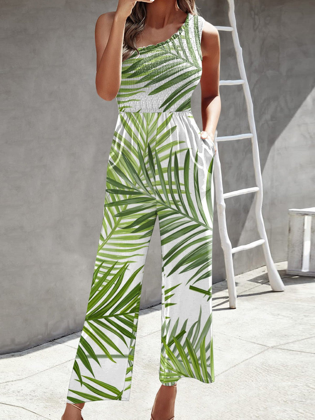 EB | Damen Jumpsuits Gedruckt Ein Schulter Breite Bein Jumpsuit