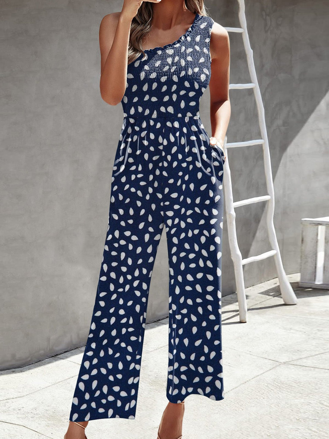EB | Damen Jumpsuits Gedruckt Ein Schulter Breite Bein Jumpsuit