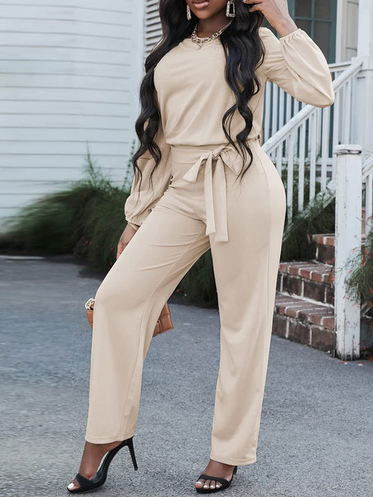 EB | Damen Jumpsuits Einfarbig Langarm Gürtel Lässiger Jumpsuit
