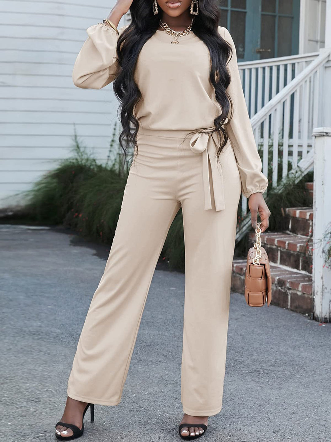 EB | Damen Jumpsuits Einfarbig Langarm Gürtel Lässiger Jumpsuit