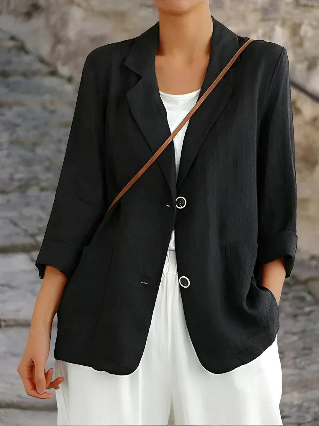 EB | Blazer Relaxed Fit Naturfasern 3/4 Ärmel Patch Taschen Mittellang