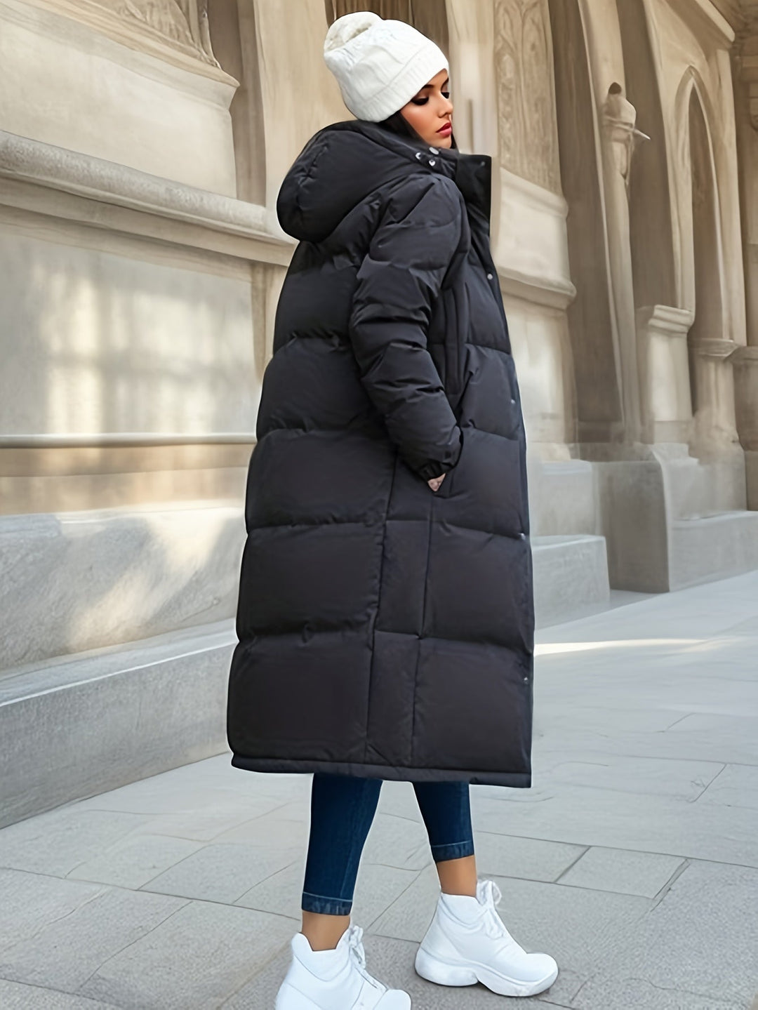 EB | Damen Langer Daunenmantel mit Kapuze für Herbst/Winter