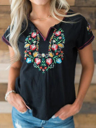 EB | Damen T-Shirts Vintage Bestickt V-Ausschnitt Kurzarm T-Shirt