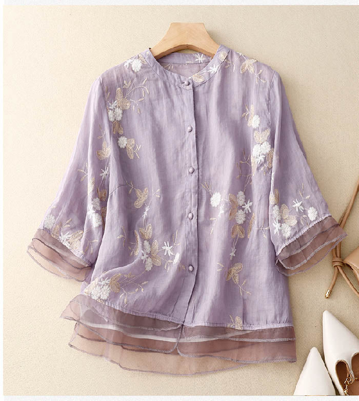 EB | Bestickte Baumwoll Leinen Bluse