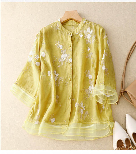 EB | Bestickte Baumwoll Leinen Bluse