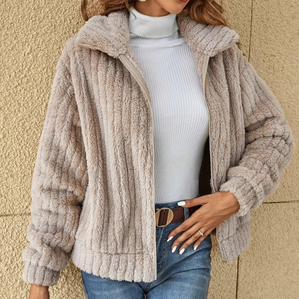 EB | Lässige Plushjacke mit Reißverschluss Kunstfell Warm und Elegant