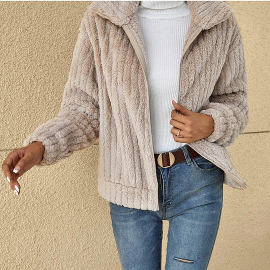 EB | Lässige Plushjacke mit Reißverschluss Kunstfell Warm und Elegant