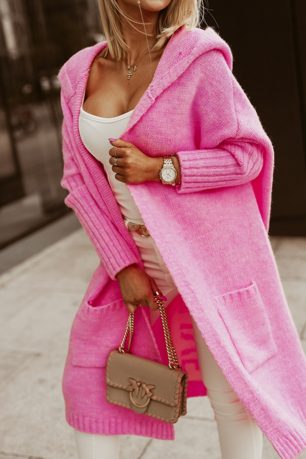 EB | gestrickte Jacke mit Kapuze Damen - stylische lange Winterjacke