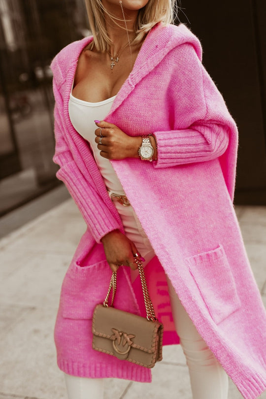 EB | gestrickte Jacke mit Kapuze Damen - stylische lange Winterjacke