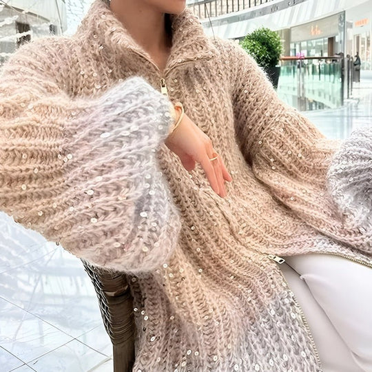 EB | Stylischer Gestrickter Glitzerpullover mit Reißverschluss