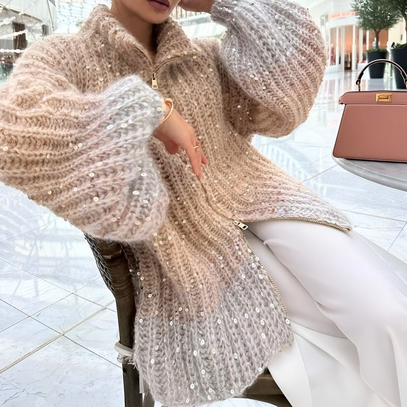 EB | Stylischer Gestrickter Glitzerpullover mit Reißverschluss