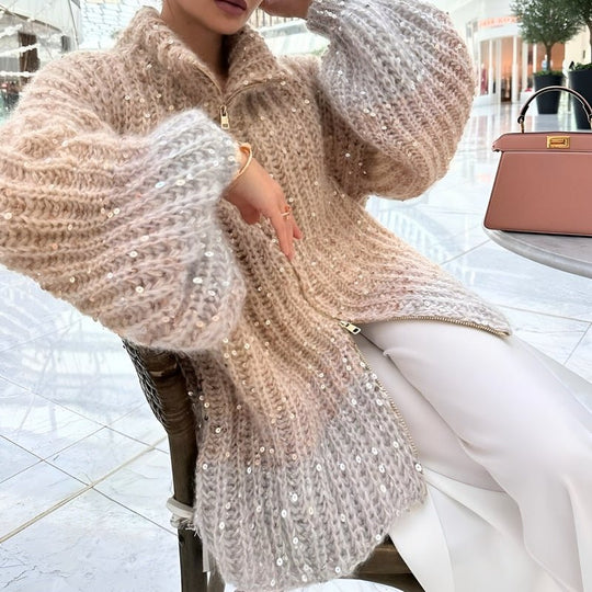 EB | Stylischer Gestrickter Glitzerpullover mit Reißverschluss