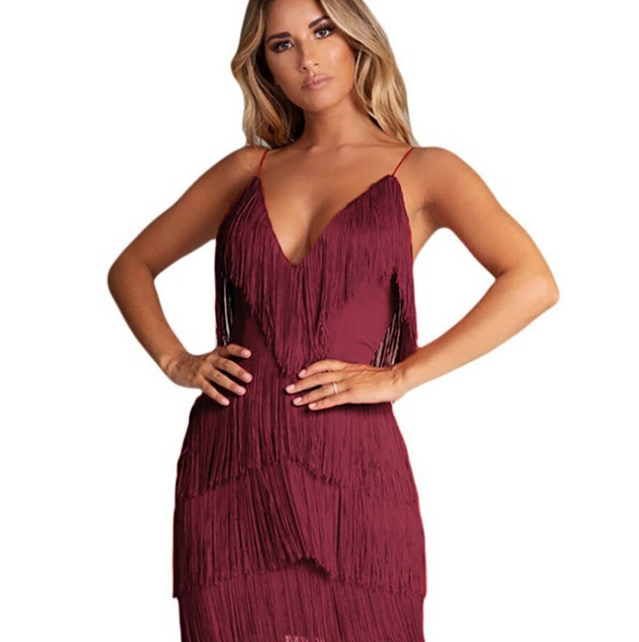Sexy Fransen Minikleid mit Tiefem V-Ausschnitt für Club & Party | EB